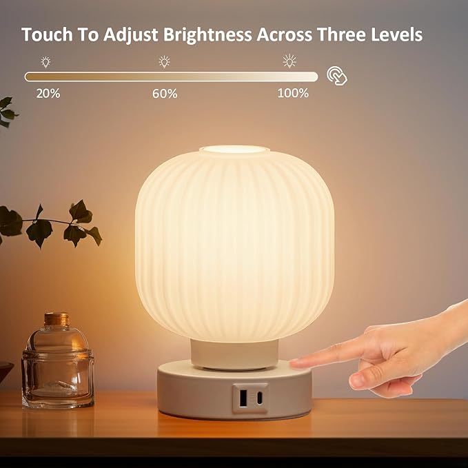 Touch Bedside Glass Table Lamp Set of 2 with 3 Way Dimmable Light, Small Table Lamps with USB C+A Charging Ports - Bedroom Nightstand & Living Room Essential, Bulb Included