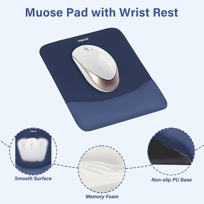 MOSISO Wrist Rest Support for Mouse Pad&Keyboard Set, Rectangular Ergonomic Mousepad Non-Slip Base Home/Office Easy Typing Pad with Neoprene Cloth&Raised Silicone Lining, Navy Blue