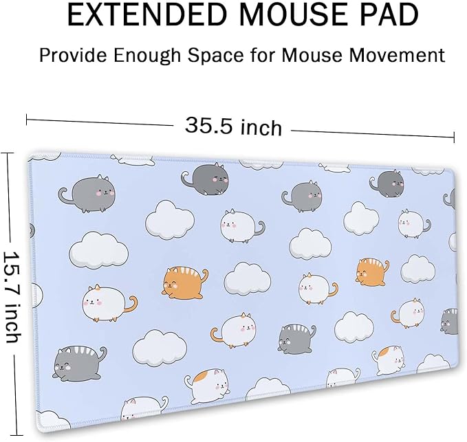 SSOIU Chubby Cats Desk Mat, Extended Gaming Mouse Pad (35.5x15.7 in), Large Non-Slip Rubber Base Mousepad with Stitched Edges, Waterproof Keyboard Mouse Mat Desk Pad for Work, Game, Office, Home