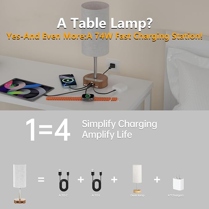 Bedside Lamp with Charging Station 74W【2 * 3.94ft Retractable Cords & 2 USB Ports】, 3 Way Dimmable Touch Lamps for Nightstand with LED Bulb, Small Desk Lamp, Set of 2, Brown Wood Grain