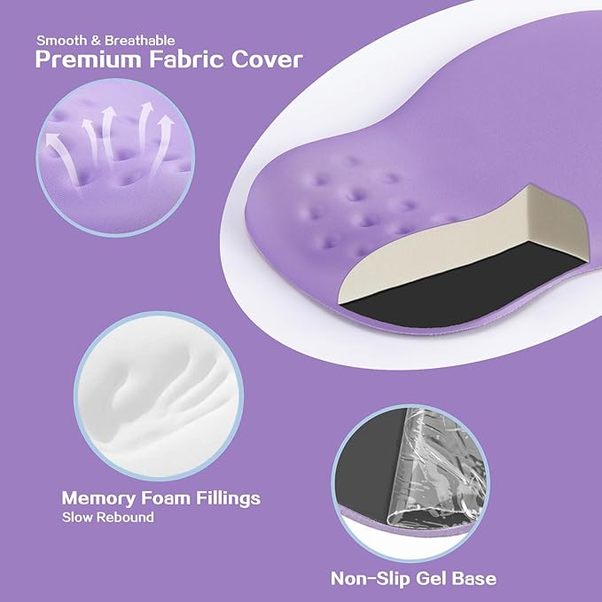 Ergonomic Wrist Rest with Mouse Pad, Mouse Pad with Comfortable Memory Foam Wrist Rest, Massage Design, Non-Slip Rubber Base, Made Easy Typing & Relieve Wrist Pain, Purple