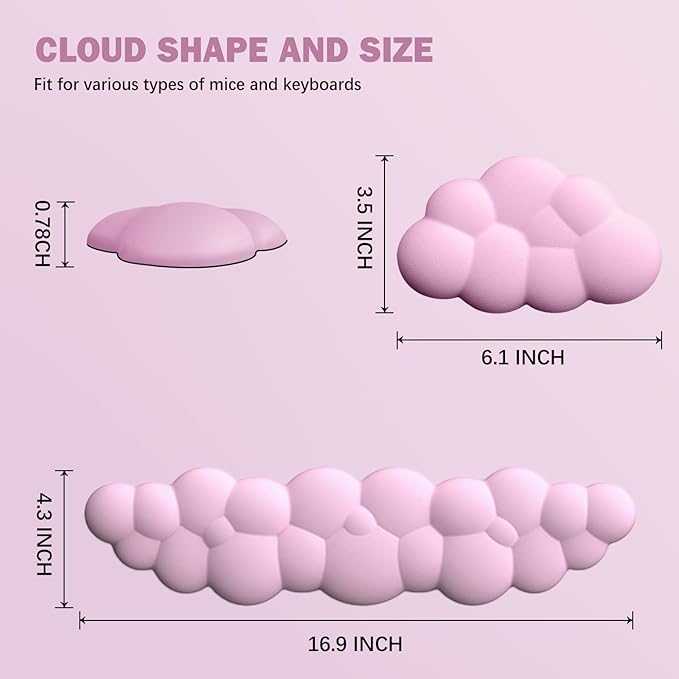 Cloud Keyboard Wrist Rest Pad Set, Enlarge PU Leather Memory Foam Cushion Support, Easy Typing, Mouse Rest Pad, Non-Slip Support for Home, Office, Pink