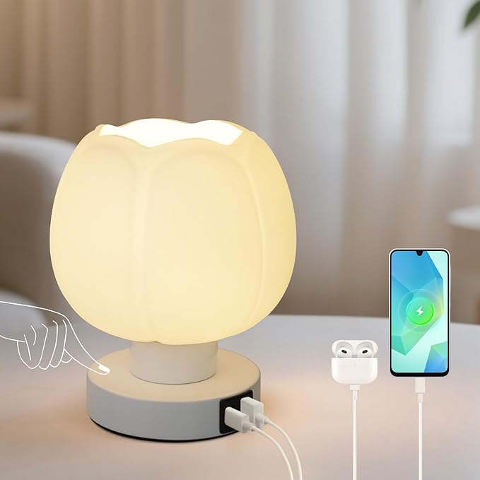 Touch Bedside Lamp with USB C+A Charging Ports,Tulip Flower Lamp with White Glass Lamp Shade, Warm LED Bulb, 3 Way Dimmable, Small Table Lamp for Bedroom Nightstand Living Room