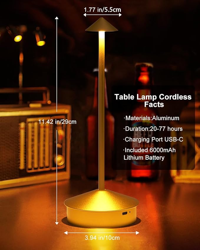2 Pack Aluminum Cordless Table Lamp, 6000mAh Rechargeable Table Lamps, Portable Touch LED Lamp, Outdoor Waterproof Dimmable Cordless Rechargeable Table Lamps for Restaurant/Patio- Black (1 Pcs Gold)