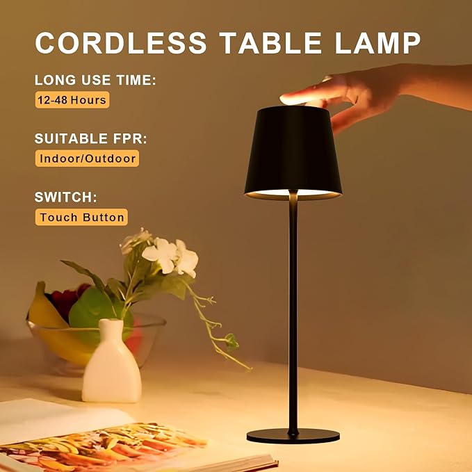 Pack of 2 Dimmable LED Battery Table Lamps, Touch Wireless Table Lamp with USB-C, Metal LED Rechargeable Battery Table Lamp for Outdoor and Indoor, Aluminium, IP44 Waterproof, 5600 mAh, 5 W, Black