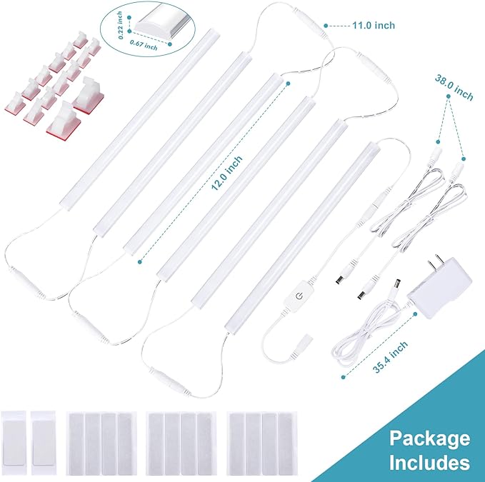 Plug-in Under Cabinet Lights Daylight White 4000K, Dimmable LED Under Cabinet Lighting, 6PCS x 12 Inch Under-Counter Light Fixtures with Memory Function, Under Counter LED Lights for Kitchen