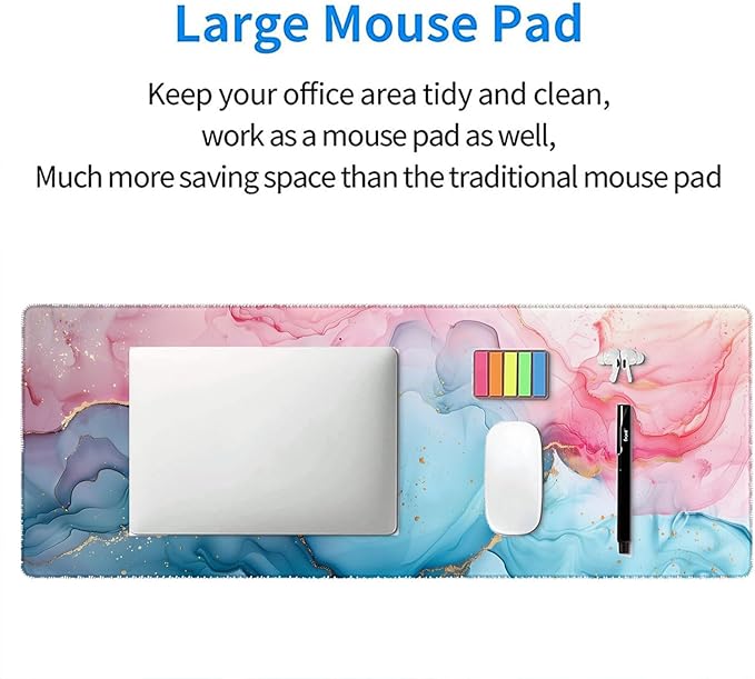 Pink Cyan Marble Desk Mat Blue Gold Marble Mousepad XL Large Gaming Mouse Pad Laptop Keyboard Mat Desk Pad 31.5"x11.8" Office Home Decor for Women Girl