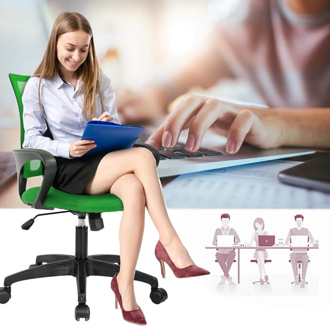 BestOffice | Ergonomic Office Chair | Mid-Back Swivel Desk Chair | Breathable Backrest & Lumbar Support | Adjustable Height | Sponge Seat | Rolling Wheels | Green | for Adults & Women