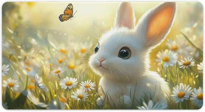 Large Ergonomic Gaming Mouse Pad Baby Bunny in Daisy Field - Sweet Rabbit Theme with Non-Slip Base Water-Resistant Surface and Stitched Edges 40X75cm