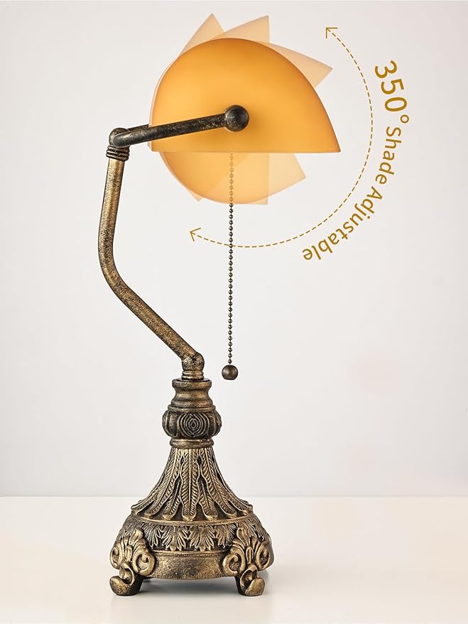 Newrays Vintage Amber Glass Bankers Desk Lamp for Home Office,Library with Pull Chain Switch Plug in Fixture, LED Bulb Included
