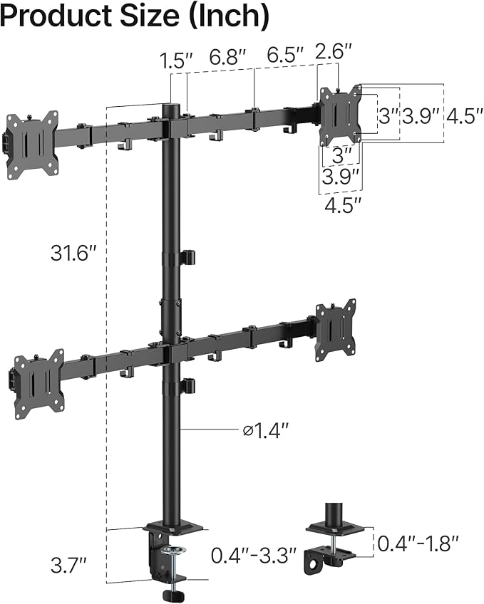 monTEK Quad Monitor Stand Mount, Fully Adjustable Desk Mount for 4 Screen up to 17”-32” and 22lbs Capacity Each Arm, Stable Monitor Arm with C Clamp and Grommet Base, VESA 75x75mm/100x100mm