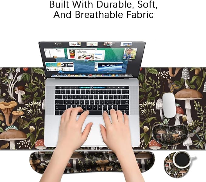 MIBITRI Keyboard Mouse Pad Set, Extended Gaming Mouse Pad+Ergonomics Keyboard Wrist Rest Support, Memory Foam, Easy Typing, 3Pcs XXL Ultra Thick Desk Mat, Cute Mushroom