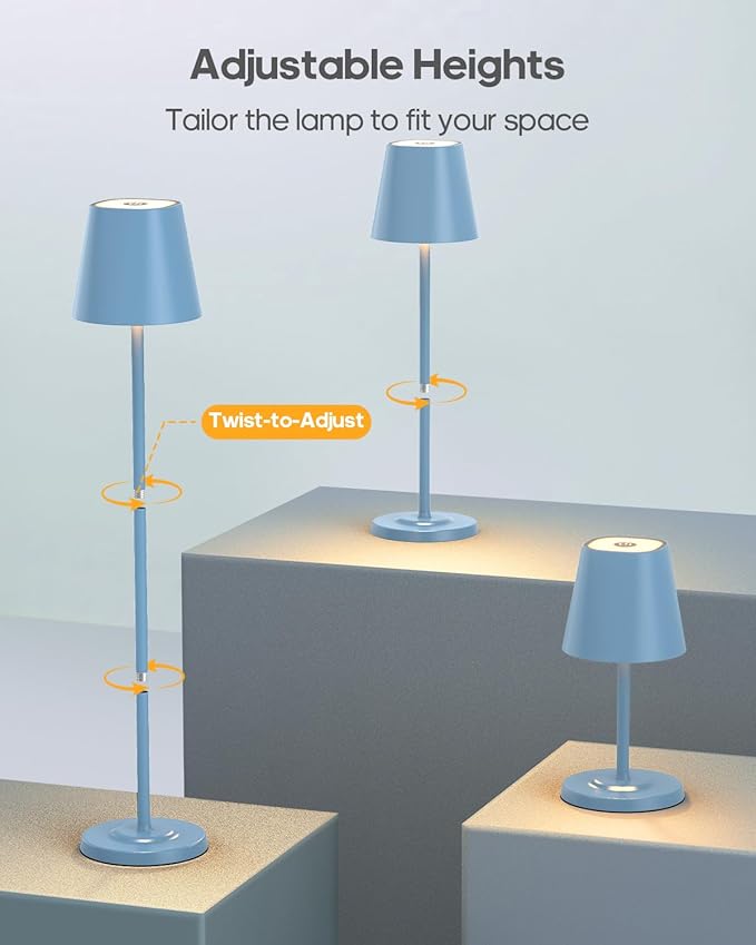 LED Cordless Table Lamp Rechargeable, 3-Height Adjustable, 5500mAh Battery Operated Lamp, 3-Color Dimming Touch Lamp, Portable Lamp for Dining, Bedroom,Camping, Outdoor, Indoor(Blue 2 Pcs)