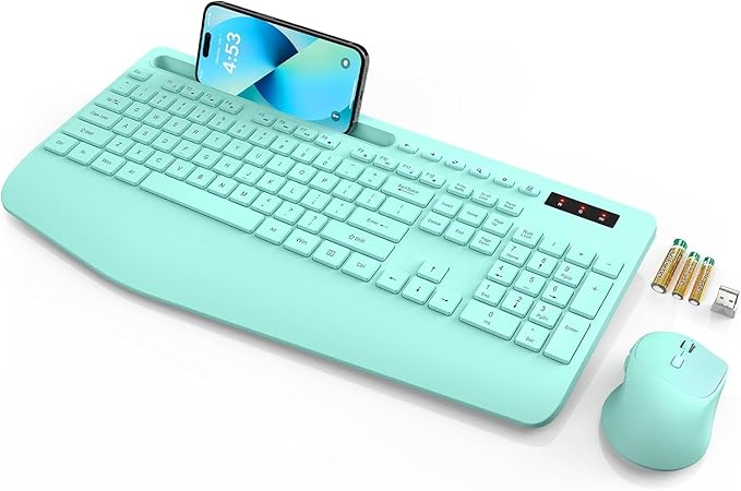 SABLUTE Wireless Keyboard and Mouse, Wrist Rest, Phone Holder, 2.4G Lag-Free Ergonomic Keyboards Mouse Combo, KM23D Silent Keyboards Set for PC, Laptop, Windows, Mint Green