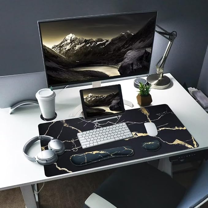 Bloss Ergonomic Mouse Pad and Keyboard Wrist Rest (4 Pcs), Non-Slip Desk Mat Protector, Desk Pad for Keyboard and Mouse, Large Gaming Mousepad-Black Marble (31.5×15.7 Inches)