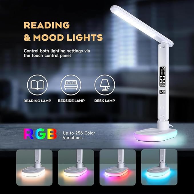 IHAO Luxury Multifunctional LED Desk Lamp10W Qi Wireless Charger Digital Alarm Clock Ambient Light & Temperature Display Adjustable Eye-Care Table Lamp with Leather Texture Design Table Lamp-U20 White