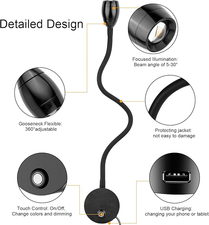 Wall Mounted LED Reading Light with 15" Flexible Gooseneck, Focused Adjustable Book Light for Reading In Bed with 3000K Warm Light, Plug In Dimmable Bedside Headboard Night Lamp, Touch Control-2 Pack