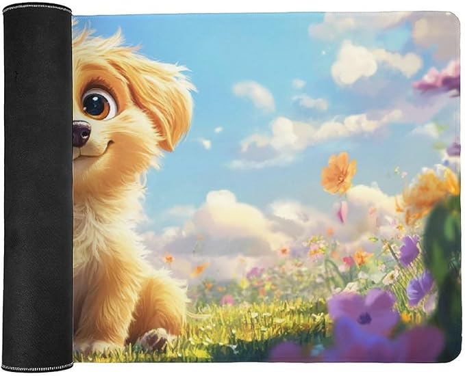 Large Ergonomic Gaming Mouse Pad Fluffy Puppy in Sunny Meadow - Cute Dog Theme with Non-Slip Base Water-Resistant Surface and Stitched Edges 40x90cm
