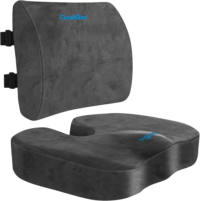 CloudBliss Seat Cushion, Office Chair Cushions, Car Seat Cushion, Lumbar Support Pillow for Office Chair, Back Support Memory Foam Pillow Coccyx Cushion for Tailbone, Coccyx & Back Support, Grey