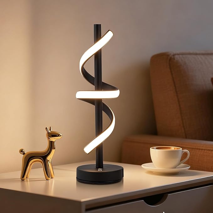 LED Modern Table Lamp, Dimmable Spiral LED Table Lamp, 3 Colors Touch Control, Modern Nightstand Lamp with USB/Type C for Bedroom Living Room