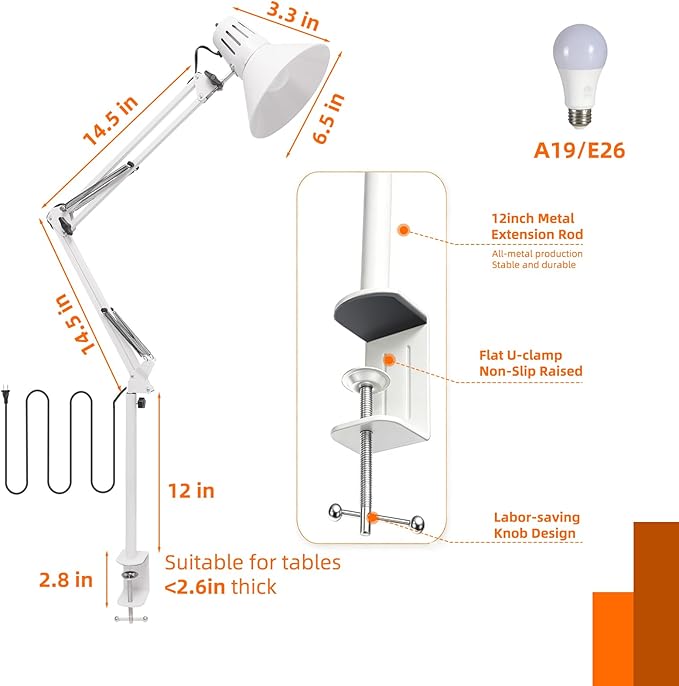 Desk Lamp With Clamp for Home Office, Eye-Caring Clip on Light with Adjustable Extra Tall Metal Swing Arm, High Intensity Clamp Lamp w/LED Bulb, Architect Task Table Lamps for Study, Workbench-W/5000k
