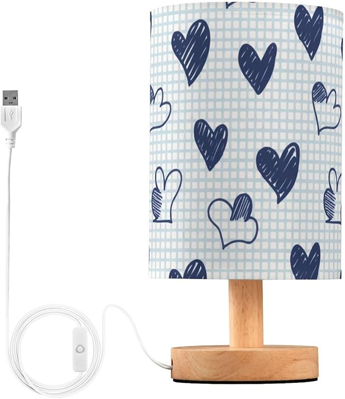 Heart LED Table Lamp, Bedside Lamp with Linen Lampshade, Flicker-Free Eye Care USB Plug in Nightstand Lamp, for Bedroom and Office