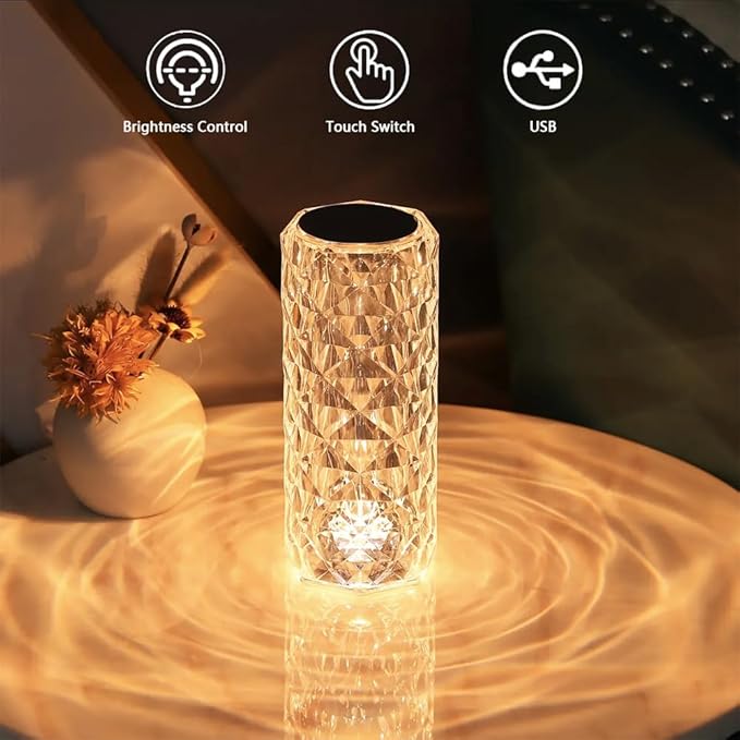 Portable Crystal Table Lamp,3 Color Touch Control Rechargeable Lamp,Crystal Bedside Lamp,Night Light,Room Decor Desk Lamp,Bedroom,Living Room,Kitchen,Dining Room Lamp (3-Color Rose)