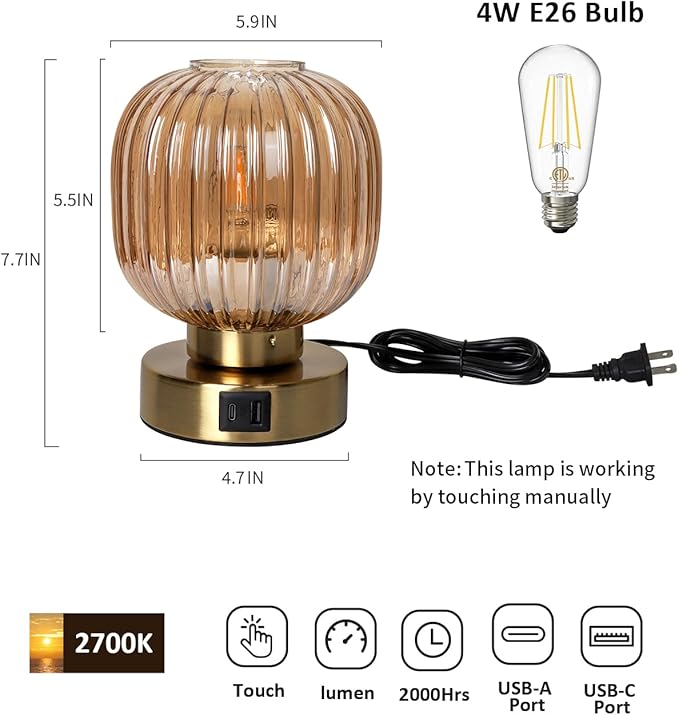 Touch Control Small Table Lamp Set of 2, Elegant Gold Glass Bedside Lamp 3 Way Dimmable with USB C+A Charging Ports - Bedroom Nightstand & Living Room Essential, 4W Bulb Included