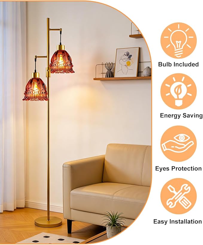 Gold Dimmable Floor Lamp for Living Room, 2-Light 65IN Tall Standing Lamps with Rose Red Glass Lampshade, 3000K Warmwhite Mid Century Modern Floor Lamp for Bedroom/Home Office/Corner