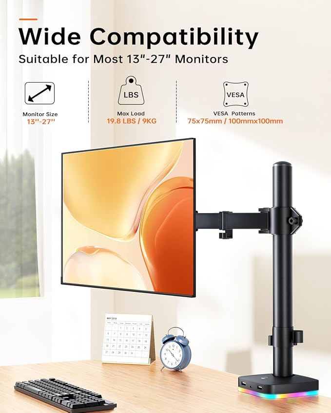 RGB Single Monitor Stand, Monitor Arm with 3 USB Ports, Charging and USB Data Transfer Function, Adjustable Desk Mount for 13"-27" Monitors up to 17.6lbs, VESA 75x75mm 100x100mm, Ergonomic Design