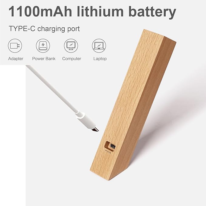 Wooden Desk Light ，Dimmable Desk Lamp for Home Office with USB Wireless Charging Port ，Touch Control RotatableDesk Adjustable Night Light(Beech Wood)