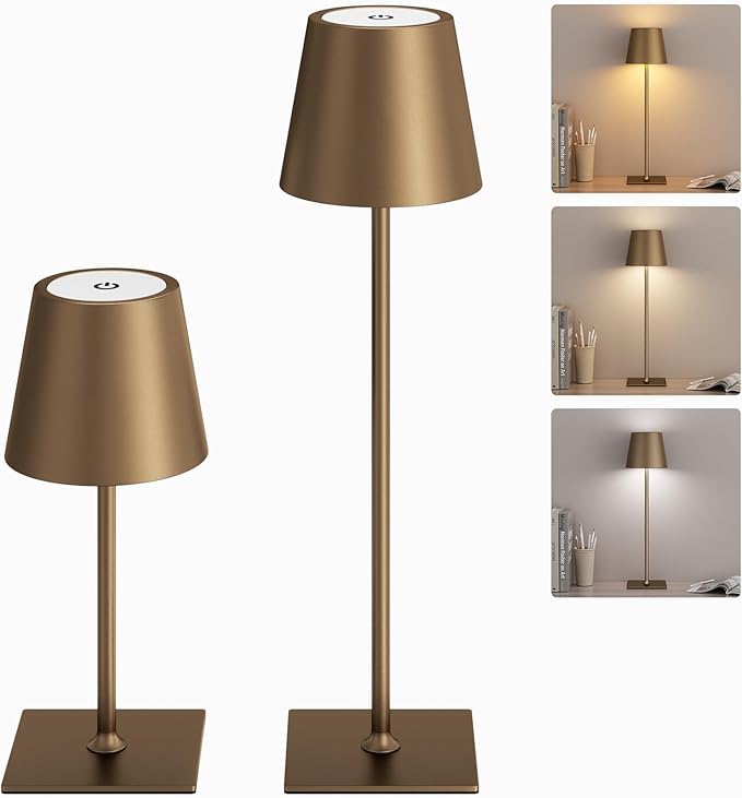Kakanuo Brown Cordless Rechargeable Table Lamp 5000mAh Battery Operated Lamps, 3 Colors Stepless Dimming Touch Lamp for Living Room, Kitchen Counter, Dining, Outdoor Patio, 2 Pack