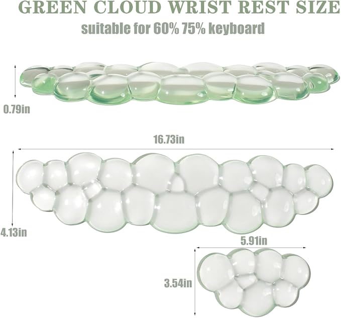 Clear Gel Wrist Rest for Keyboard and Mouse, Green Cloud Wrist Rest Set, Cute Ergonomic Silicone Wrist Rest for Computer Keyboard 60%/68%/75%