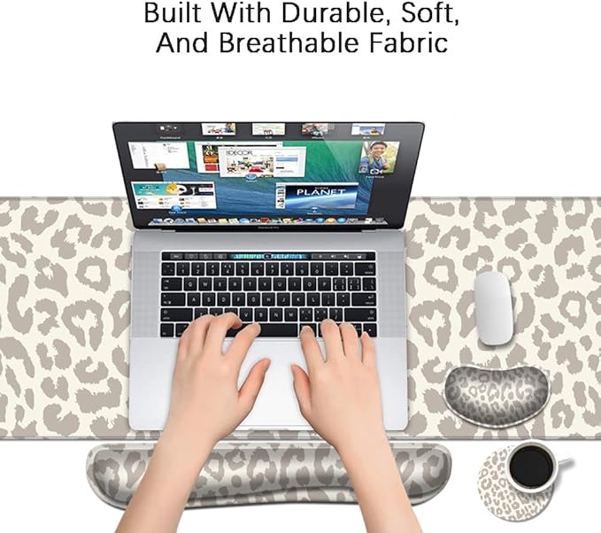 MIBITRI Keyboard Mouse Pad Set, Extended Gaming Mouse Pad+Ergonomics Keyboard Wrist Rest Support, Memory Foam, Easy Typing, 4Pcs XXL Ultra Thick Desk Mat, Leopard Print