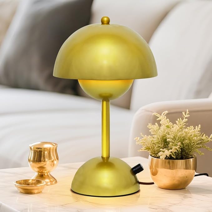 Mushroom Table Lamp with Golden Finish,Dimmable Desk Light with Rotary Knob for Bedroom Study Office Decor,30CM Adjustable Warm White Lighting,4W LED Minimalist Accent Lamp,E26 Bulb Included(G45)