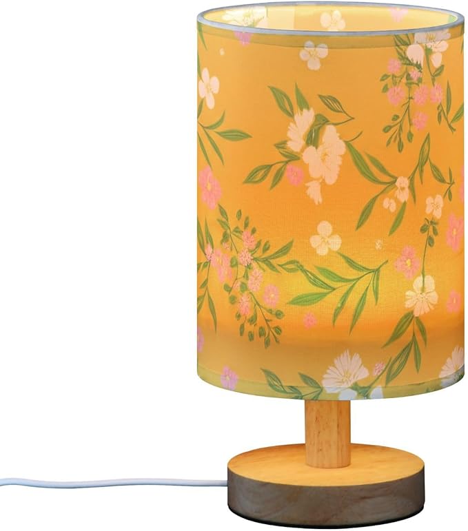 Yellow Floral LED Table Lamp, Bedside Lamp with Linen Lampshade, Flicker-Free Eye Care USB Plug in Nightstand Lamp, for Bedroom and Office