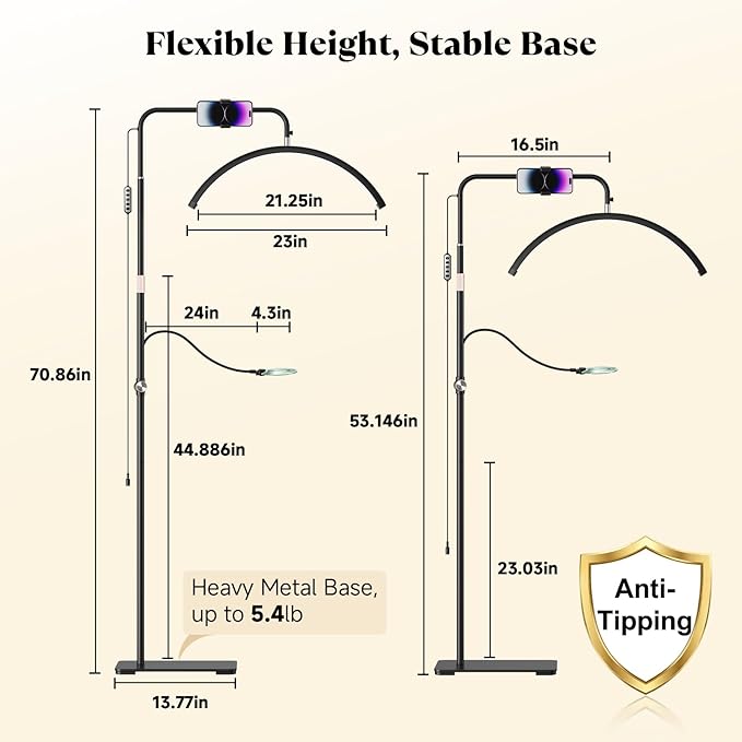 Half Moon Lash Light - Bling Diamond Lash Lamp with 4X Magnifier & Phone Holder, Adjustable Floor Lamp for Eyelash Extensions, Nail Art, Tattoo, Skincare, Dimmable Brightness, Rotating Head, Black