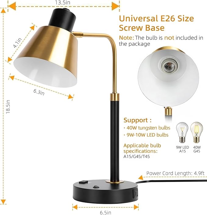 Desk Lamp with Dual USB Charging Port, Heavy Duty Metal Table Lamp, 340 Degree Swivel Arms, Easy Assembly with Cord Guide, Reading Lamp for Home Office Bedroom, Black & Gold (Bulb Not Included)
