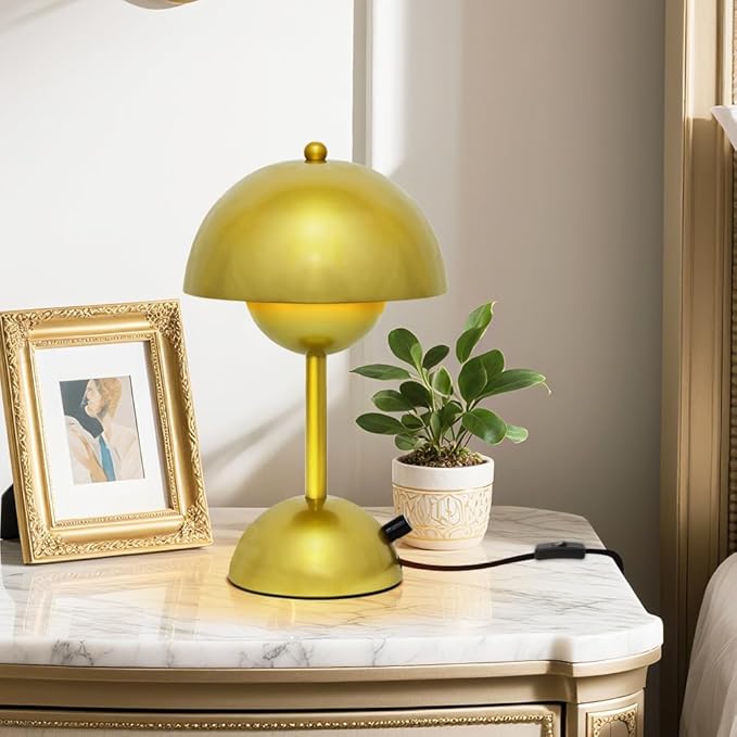 Mushroom Table Lamp with Golden Finish,Dimmable Desk Light with Rotary Knob for Bedroom Study Office Decor,30CM Adjustable Warm White Lighting,4W LED Minimalist Accent Lamp,E26 Bulb Included(G45)