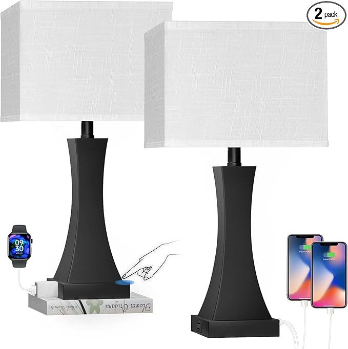 Set of 2 Touch Control Table Lamps 21.6" 3-Way Dimmable Bedside Nightstand Lamp with Type C/USB Charging Port & Outlet Desk Lamp for Living Room Bedroom Office and Hotel Bulb Included