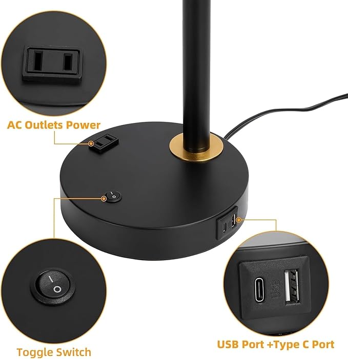 Desk Lamp with Dual USB Charging Port, Heavy Duty Metal Table Lamp, 340 Degree Swivel Arms, Easy Assembly with Cord Guide, Reading Lamp for Home Office Bedroom, Black & Gold (Bulb Not Included)