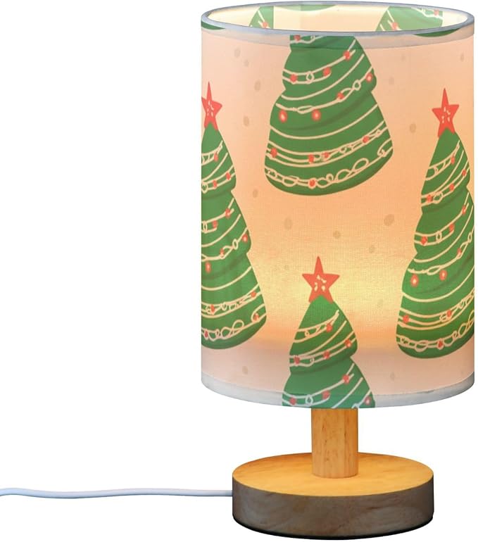 Green Christmas Tree LED Table Lamp, Bedside Lamp with Linen Lampshade, Flicker-Free Eye Care USB Plug in Nightstand Lamp, for Bedroom and Office