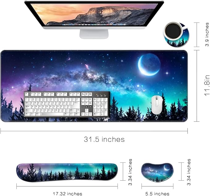 MIBITRI Keyboard Mouse Pad Set, Extended Gaming Mouse Pad+Ergonomics Keyboard Wrist Rest Support, Memory Foam, Easy Typing, 3Pcs XXL Ultra Thick Desk Mat, Moon Forest