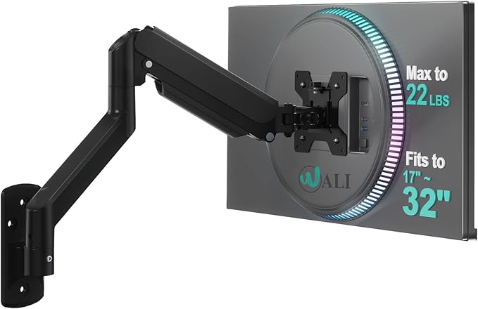 WALI Computer Monitor Wall Mount for 17 to 32 Inch Screens, Single Monitors Mount Holds up to 22lbs, Fully Adjustable Gas Spring Wall Mount Monitor Arm, 75x75/100x100mm VESA Mount (GSWM001), Black