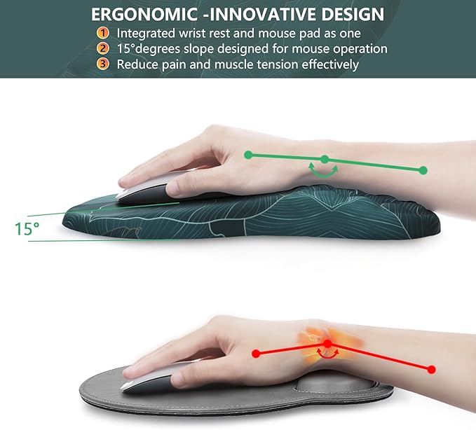 Mouse Pad Wrist Support, Ergonomic Mouse Pad with Wrist Rest, Comfortable Computer Mouse Pad for Laptop, Mousepad with Non-Slip PU Base Banana Leaf Green