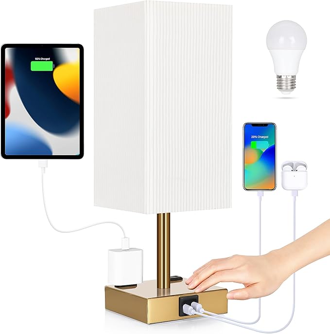Soilsiu Bedside Lamp with USB Ports - Touch Control Table Lamp for Bedroom with USB C+A Ports & AC Outlets, 3 Way Dimmable Nightstand Light with Pleated Shade for Living Room(Bulb Included)