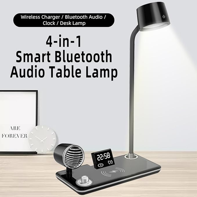 All-in-One Bedside Lamp with Wireless Charger, Digital Clock, Bluetooth Speaker & Adjustable Lighting - 15W Fast Wireless Charging, Dimmable 3 Color Modes, Flexible Gooseneck,HYT1772 Black.
