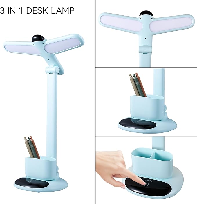 VAVOFO LED Desk Lamp 6785-2700-7000K Adjustable Color Temperature, 700 Lumens, Dual-Head Design, Pen Holder, USB-C Charging, 2400mAh Battery, 2.5hrs Wireless Use (Blue)