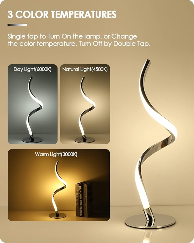 Yarra-Decor Modern Spiral Bedside Lamp - 3 Colors Touch Control LED Table Lamp, Stepless Dimmable Nightstand Lamps for Bedroom Living Room & Office(3000K 4000K 5000K)