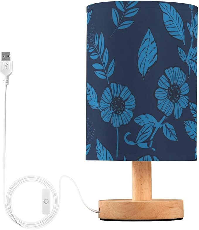 Blue Floral LED Table Lamp, Bedside Lamp with Linen Lampshade, Flicker-Free Eye Care USB Plug in Nightstand Lamp, for Bedroom and Office